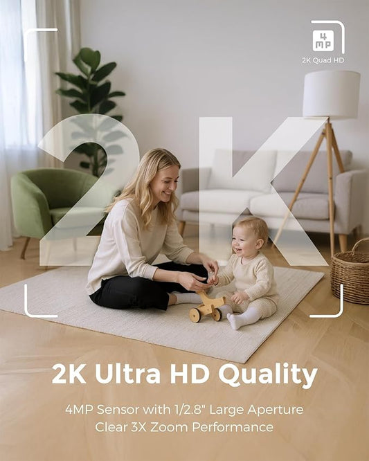 Devo Indoor Smart Cameras for Home Security 2K, 355° Pan-Tilt Human Pet Dog Baby Monitor Camera with Phone App, WiFi Motion Detection, 2-Way Audio, Color Night Vision 256GB SD Card & Cloud White