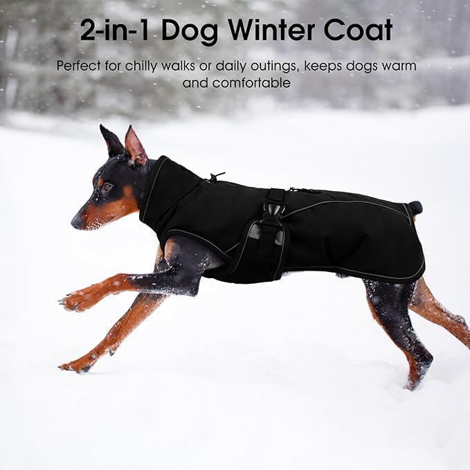 QBLEEV 2 in 1 Dog Coat, Waterproof Dog Winter Jacket with Detachable Fleece Vest, Windproof Warm Snow Jakcet with Harness Hole, Reflective Cold Weather Coats for Small Medium Large Dogs