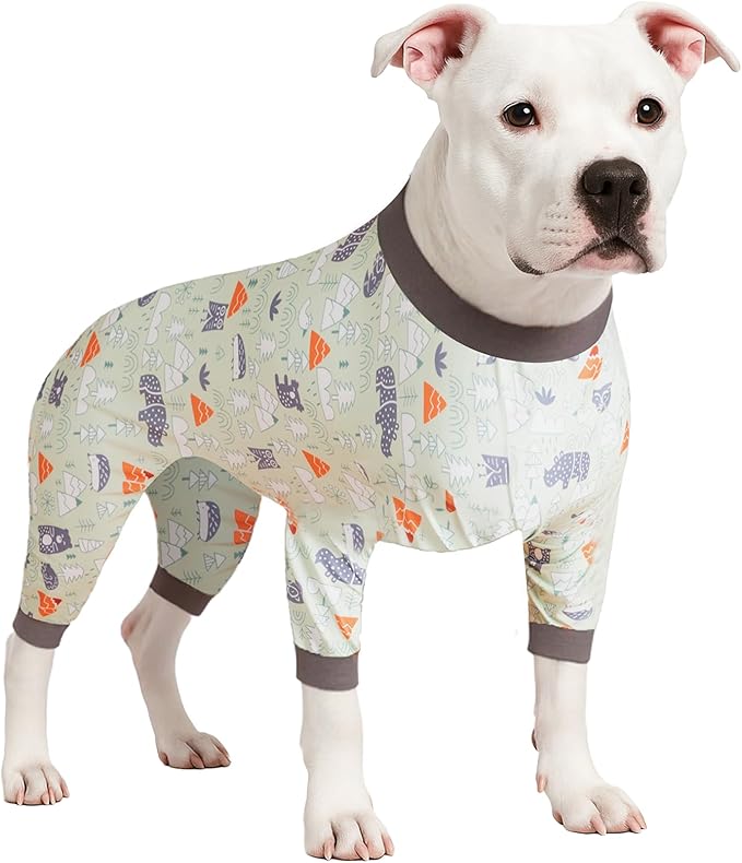 LovinPet Large Dog Clothes for Labrador - Anxiety Calming Dog Pajamas, Lightweight Stretchy Fabric, Sage Animal Print, Pet Pajamas for Dogs,4 Legged Style Pullover Dog Onesies, Silver Grey, L