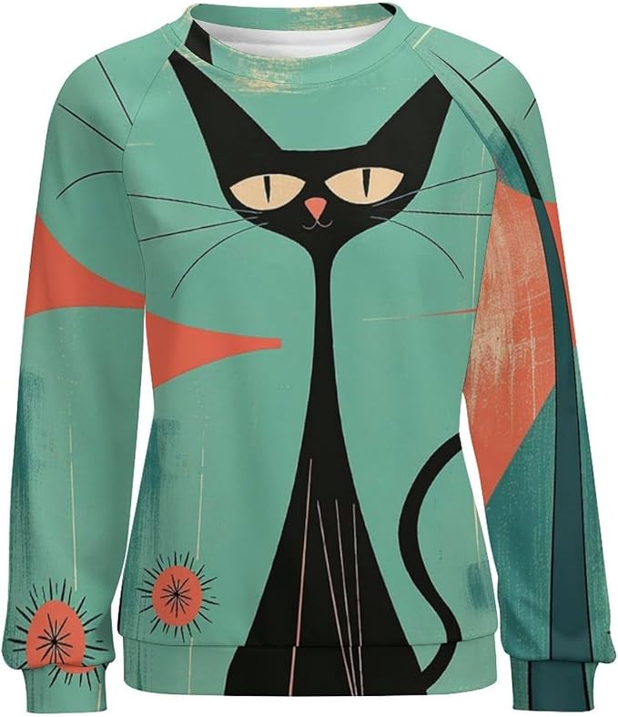 Biacolum Long Sleeve Shirts for Women Mid Century Retro Style Atomic Cat 3D Graphic Sweatshirts Fall Crewneck Pullover Top