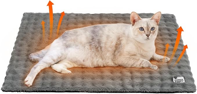 FUNNY FUZZY Self Warming Cat Bed, Waterproof Self Heating Pad for Cats & Dogs, Cozy Plush Warm Pet Mat with Removable Washable Cover - ThermoPad, 25.5"×17.7", Grey