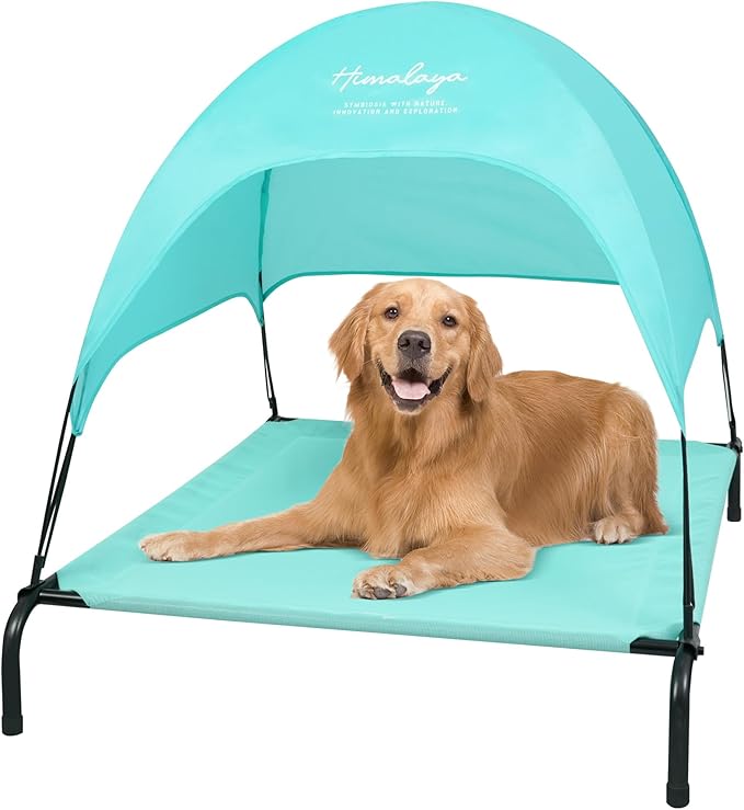 Himalaya Elevated Dog Bed, Large Bed with Canopy Removable Shade Tent, Stable Anti-Slip Feet for Pets Camping Indoor Outdoor Brown (Blue-Middle)