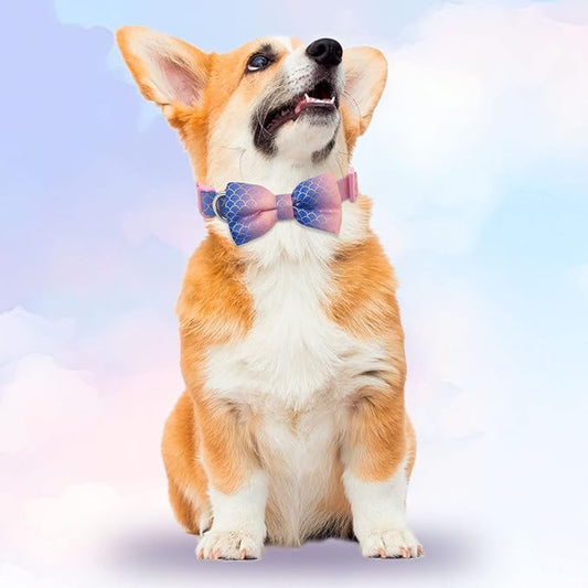 azuza Bowtie Dog Collar Mermaid, Soft & Comfy Dog Collar with Removable Bow Gradient Color Size Adjustable Dog Collars for Small Dogs