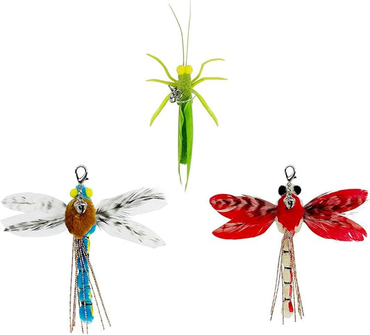 TTcat Feather Cat Toy Attachments,3 Pcs Simulation Insects Bugs Dragonfly Grasshopper Refills, Cat Toys Replacement Feathers for Cat Kitten Wand.
