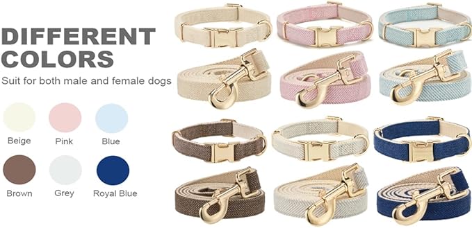 Soft Hemp Dog Collar and Leash Set Adjustable Woven Tweed Dog Collars with Metal Buckle and Lead for Small Medium Large Dogs,Grey