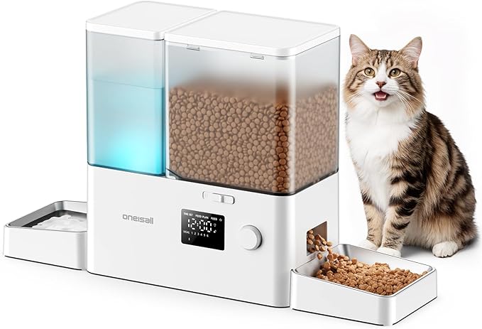 oneisall Automatic Cat Feeder and Water Dispenser,36Cups/8.5L 2-in-1 Clean Food Fresh Water Large Capacity 5L Timed Cat Food Dispenser&3.5L Gravity Water Fountain for Pets,Small Dogs,Puppies,Kittens