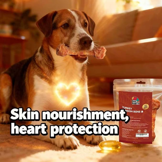 TailParty Turkey Tendons for Dogs with Fish Oil & Taurine: 4 oz Large Dog Healthy Treats, All Natural Dental Chew Bones, Long-Lasting Training-Reward Snacks for Health-Conscious Pet Owners(L)