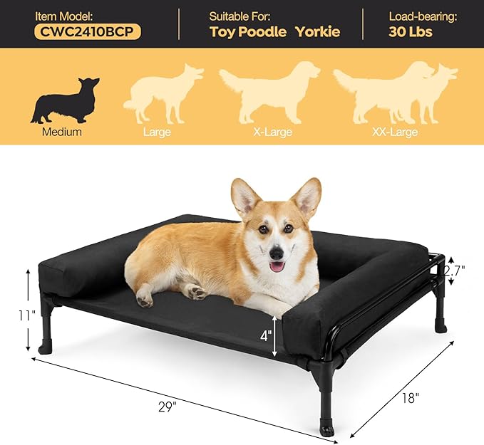 Veehoo Elevated Raised Dog Bed-Cooling Outdoor Dog Cot Bed for Medium Sized Dogs Three-Sided Fence Raised Pet Cot with Mesh & No-Slip Feet Dog Hammock Bed with Removable Bolster-29 x 18" Black