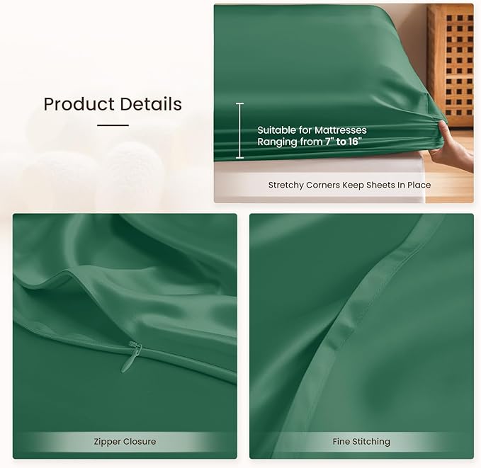 THXSILK Silk Sheet Set 5Pcs, 6A+ Top Grade 100% Pure Mulberry Silk Bed Sheets, Ultra Soft Durable Luxury Bedding Sets, 2 Fitted Sheet, 1 Flat Sheet and 2 Pillowcases (Split King, Emerald Green)