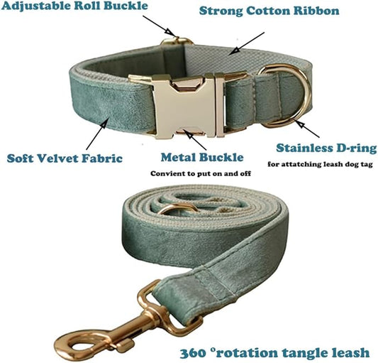 Love Dream Velvet Dog Collar and Leash Set, Soft & Comfy Adjustable Dog Leash and Collar with Heavy Duty Metal Buckle for Small Medium Large Dogs Training & Walking (Medium, Mint Green)