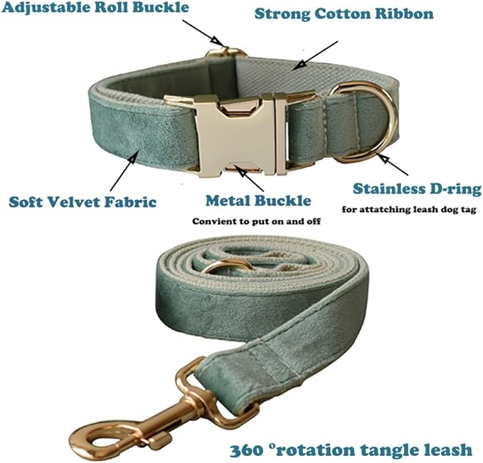 Love Dream Velvet Dog Collar and Leash Set, Soft & Comfy Adjustable Dog Leash and Collar with Heavy Duty Metal Buckle for Small Medium Large Dogs Training & Walking (Small, Mint Green)