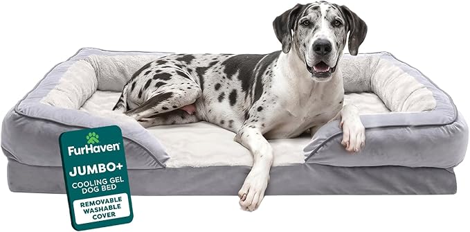 FurHaven Cooling Gel Dog Bed for Large Dogs, Perfect Comfort Sofa Bed with Cool Gel-Top & Orthopedic Foam Base, Removable Washable Cover, Jumbo Plus/XXL, Plush & Velvet, Granite Gray