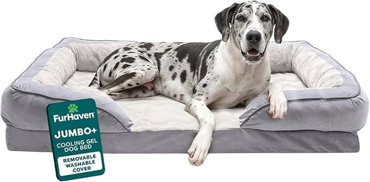 FurHaven Cooling Gel Dog Bed for Large Dogs, Perfect Comfort Sofa Bed with Cool Gel-Top & Orthopedic Foam Base, Removable Washable Cover, Jumbo Plus/XXL, Plush & Velvet, Granite Gray