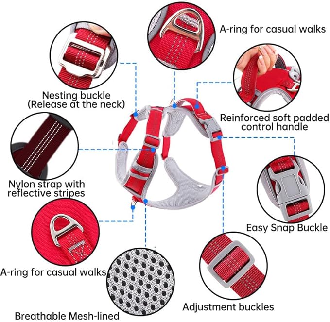 Adjustable Dog Harness - No Pull, Reflective, Soft Padded for Small, Medium, Large Dogs - Includes Leash Red S