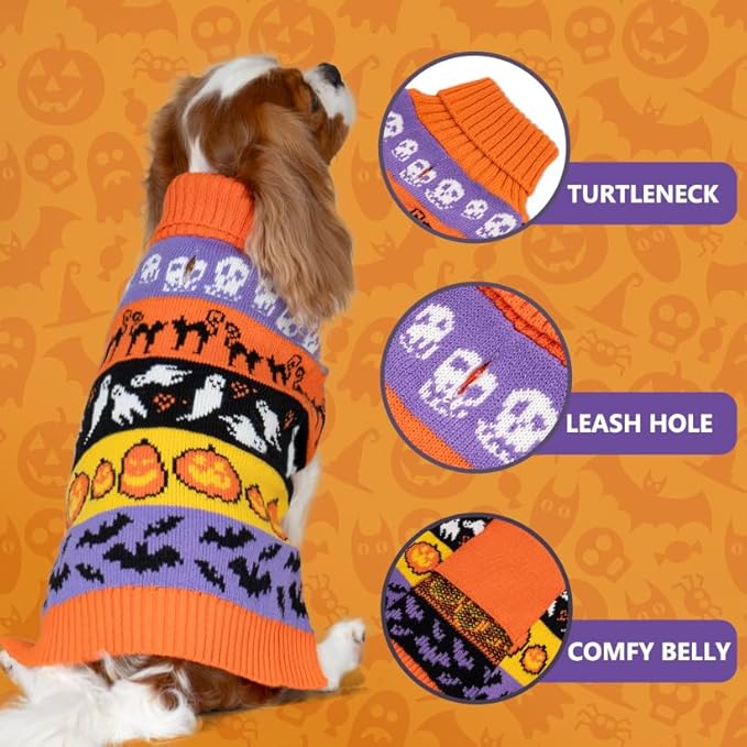 KYEESE Halloween Dog Sweater for Large Dogs Festive Pumpkin and Ghost Pattern Thick Knitted Turtleneck with Leash Hole Warm and Comfortable Dog Clothes Cozy Halloween Warm Pet Outfit, XXX-Large