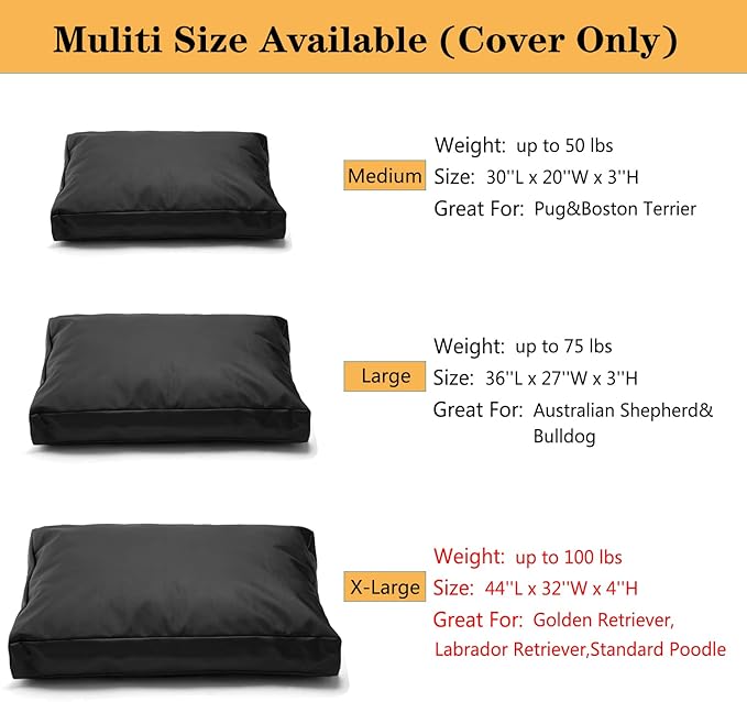 Replacement Dog Bed Cover,Heavy Duty Waterproof Removable 44" L x 32" W x 4" H Reusable Dog Bed Covers with Zipper-Cover Only