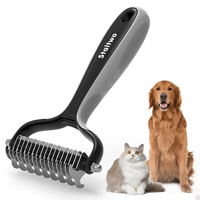 Pet Grooming Supplies - 2-in-1 Professional Undercoat Rake and Pet Brush | Shedding Control for Long-Haired Dogs and Cats, Deshedding Tool, Knot Removal,Grey