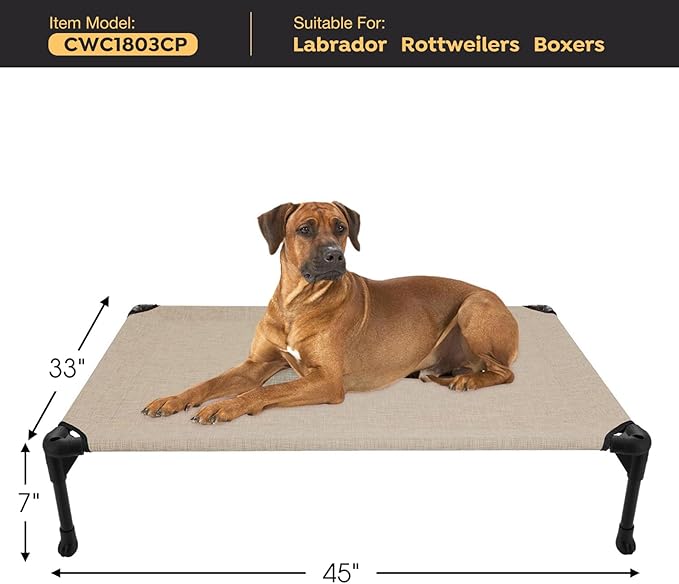 Veehoo Outdoor Elevated Dog Bed Large Sized Dogs, Extra Large Cooling Raised Dog Cots Beds Training Platform Off Ground Hammock with Breathable Mesh, No-Slip Feet, 45"x33", Beige Coffee