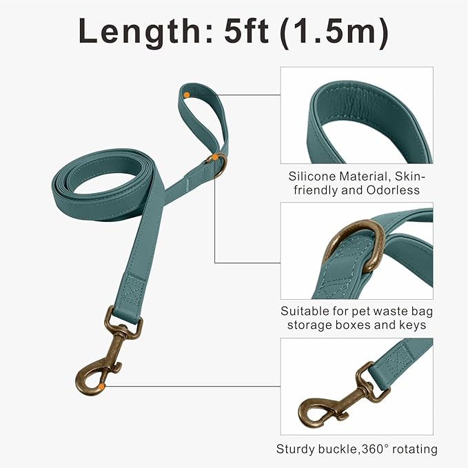 Silicone Dog Collar and Leash Set, Waterproof & Odor-Proof Puppy Collar for Large Dogs, Soft Flexible Leather-Look Dog Collars, Durable Thick Adjustable Pet Collar (Green, Large (14.5-24" Neck))