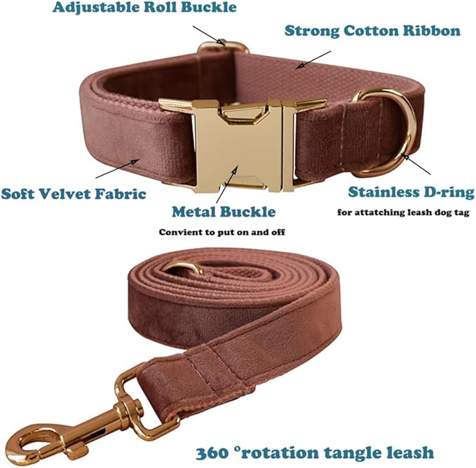 Love Dream Velvet Dog Collar and Leash Set, Soft & Comfy Adjustable Dog Leash and Collar with Heavy Duty Metal Buckle for Small Medium Large Dogs Training & Walking (Large, Dark Pink)