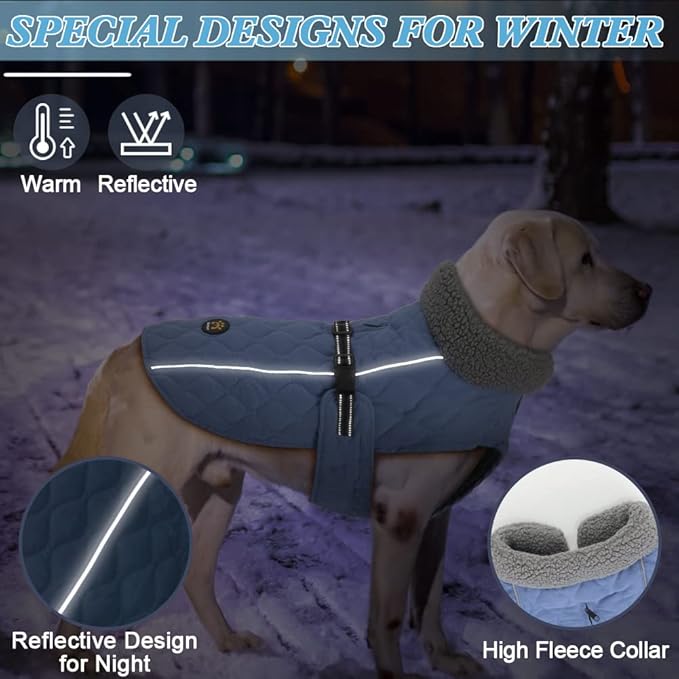 Dog Coats for Cold Weather, Fleece Lining Small/Medium/Large Dog Jackets for Winter, Reflective Adjustable Doggie Winter Clothes for X-Large Dogs, Blue XL