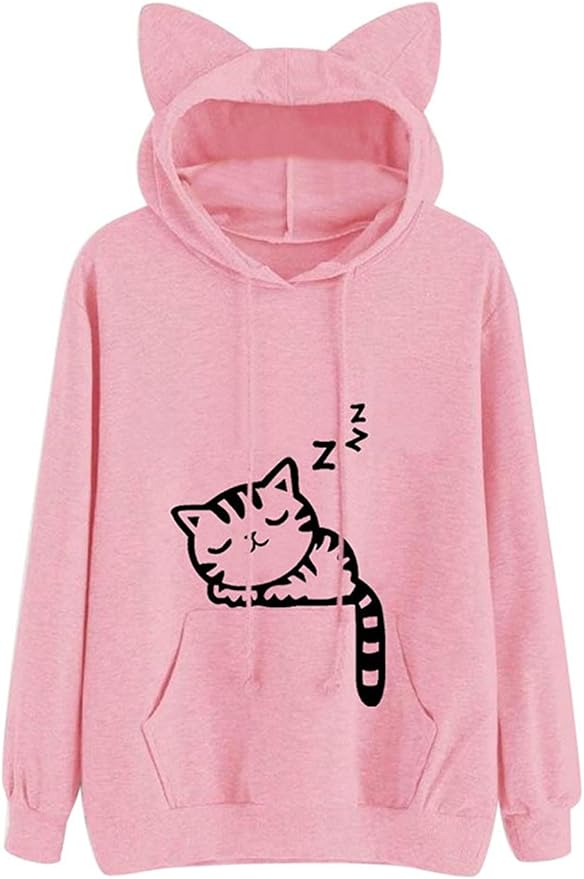 Women Girl Hoodies Cute Cat Ear Novelty Printed Pullover Sweatshirt