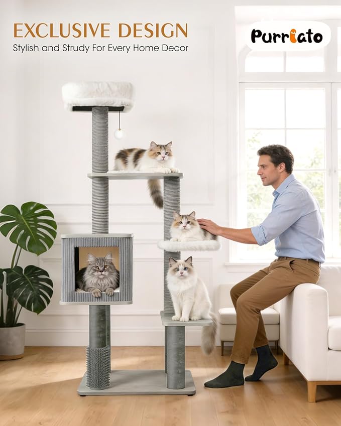 60in Maine Coon Cat Tree for Large Cats, Heavy Duty Cat Trees for Large Cats, Modern Cat Tree Tower with Plush Platforms, Gray Sisal Posts, Scratching Post for Indoor Cats