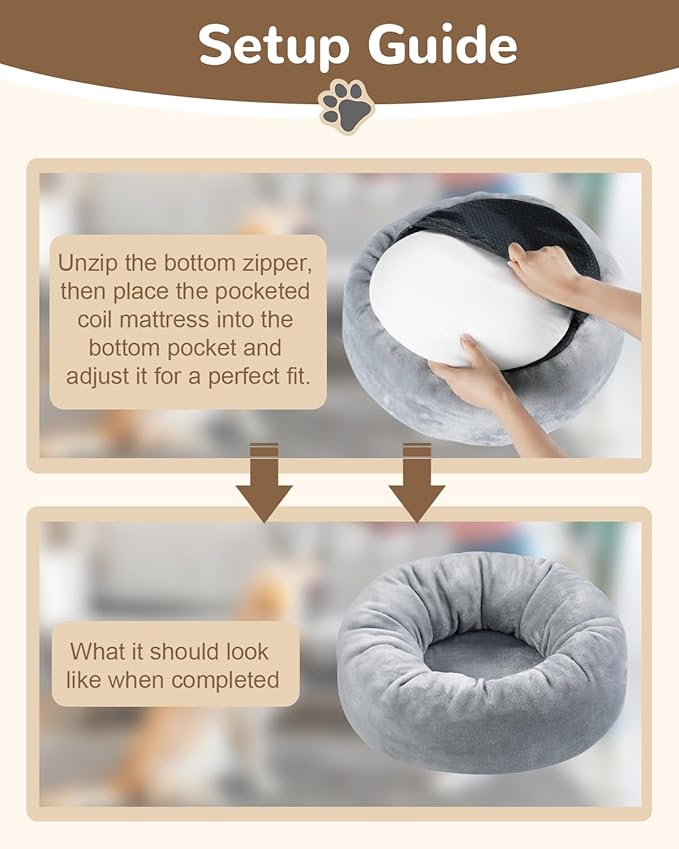 Donut Dog Bed with Pocketed Coils and Soft Foam Support, Detachable Washable Calming Puppy Bed for Small Dogs, Round Flannel Anti-Anxiety Pet Bed, 20 in, Gray