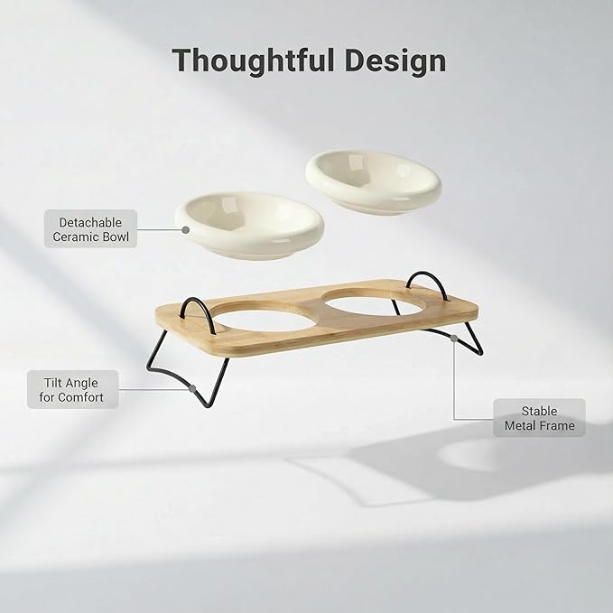 Raised Cat Ceramic Bowls with Wood Stand Kitty Elevated Bowls for Food and Water with Tilted Design Anti-Vomiting, Pet Bowl Set with Stainless Steel Base for Cats and Puppy by TDTOK ﻿