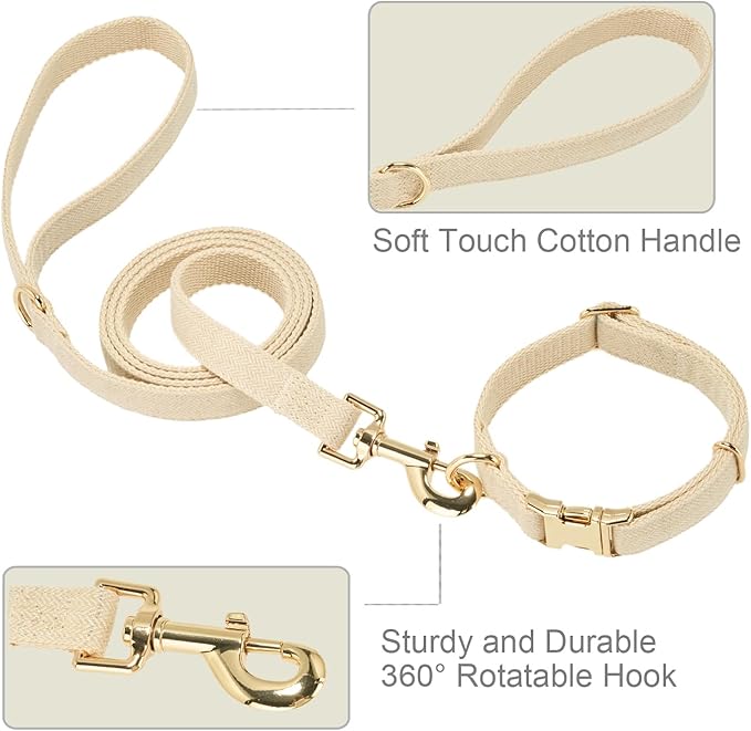 Soft Hemp Dog Collar and Leash Set Adjustable Woven Tweed Dog Collars with Metal Buckle and Lead for Small Medium Large Dogs,Beige