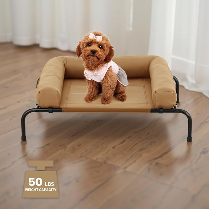 Athena Collection Outdoor Elevated Dog Bed with Removable Bolsters, 35.5 Inches Raised Dog Cot Washable with Metal Frame Non-Slip Feet for Small Dog Puppy, Brown