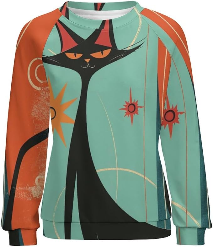 Biacolum Long Sleeve Shirts for Women Mid Century Retro Style Atomic Cat 3D Graphic Sweatshirts Fall Crewneck Pullover Top