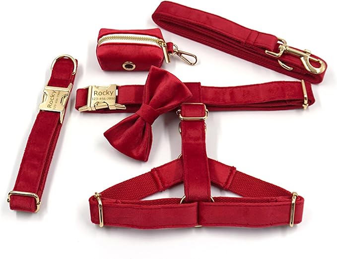 Personalized Velvet Dog Collars with Pet Name Phone Number Engraved, Custom Adjustable Soft Collar with Metal Buckle for Small Medium Large Dogs, Dog Leash and Bow Tie Available -Red