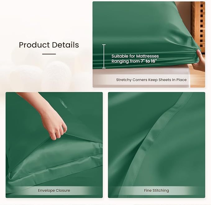 THXSILK Silk Sheet Set 4Pcs, 6A+ Top Grade 100% Natural Mulberry Silk Bed Sheets, Luxury Bedding Sets Ultra Soft Durable, 1 Fitted Sheet, 1 Flat Sheet and 2 Pillow Shams (Full, Emerald Green)