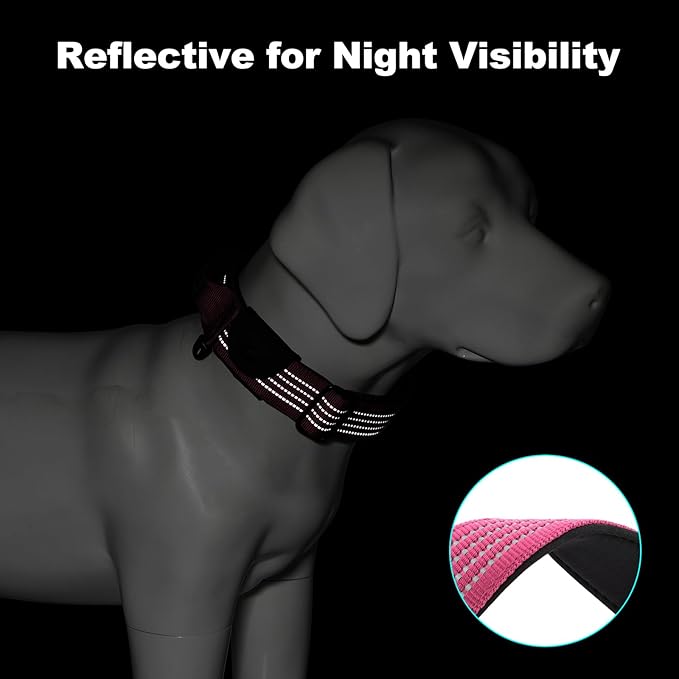 Plutus Pet Tactical Dog Collar with Tracker Pocket for AirTag, Adjustable Reflective Nylon Collar, Metal Buckle, Leather-Wrapped Handle, Soft Padded for Medium Large Dogs (Pink, S)