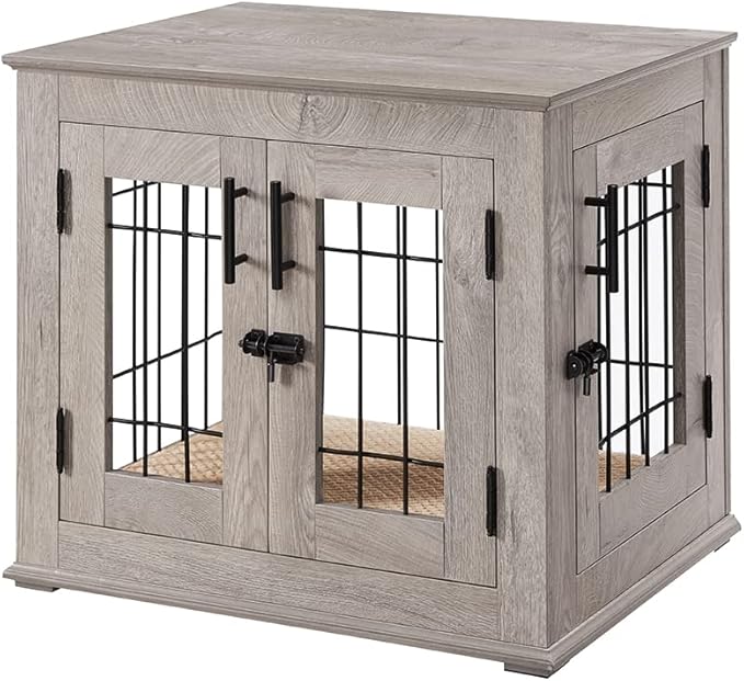 beeNbkks Furniture Style Dog Crate End Table, Double Doors Wooden Wire Dog Kennel with Pet Bed, Decorative Pet Crate Dog House Indoor Medium Large