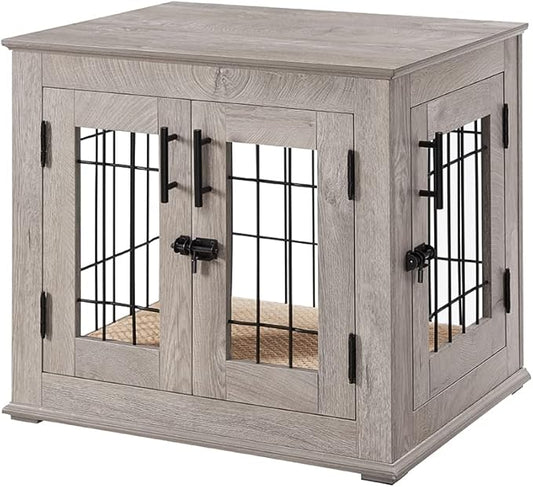 beeNbkks Furniture Style Dog Crate End Table, Double Doors Wooden Wire Dog Kennel with Pet Bed, Decorative Pet Crate Dog House Indoor Medium Large
