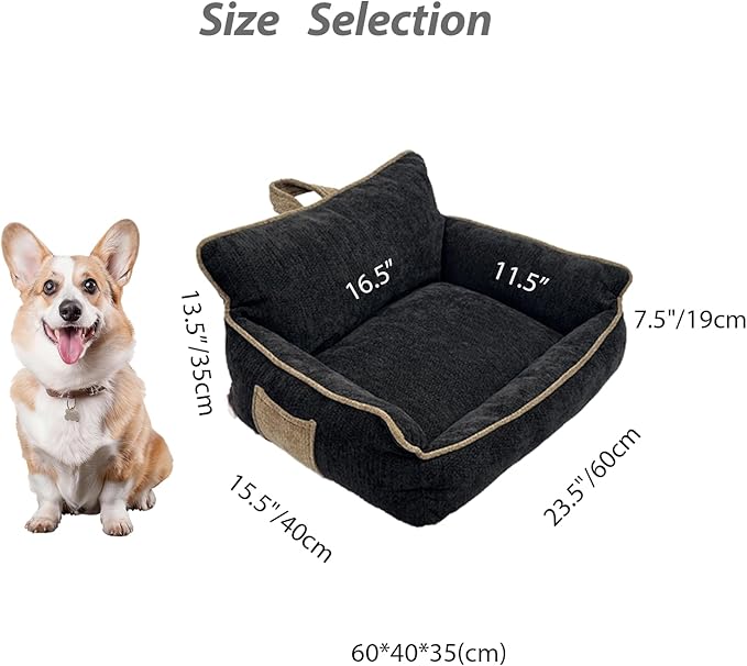 Small Dog Bed, Washable Pet Bed with Removable Cover, with Sides, Carry Handle & Side Pockets .Plush Chenille Orthopedic Pet Bed Couch for Small Breed Dogs & Cats .Calming