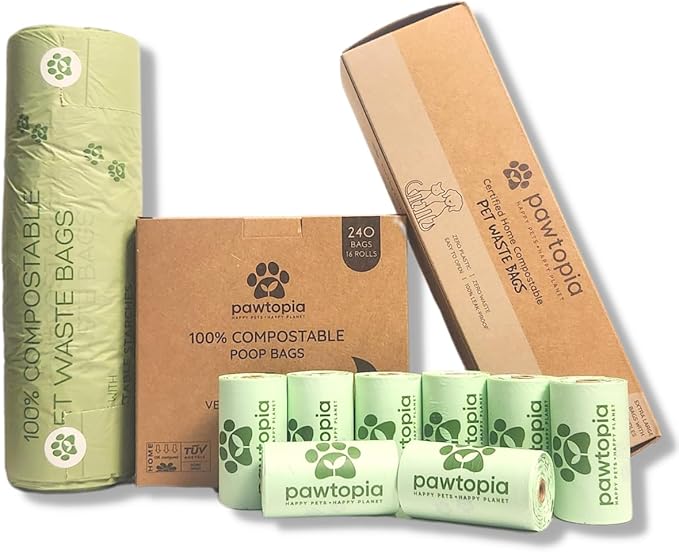 Pawtopia Pet Waste Bag Duo - 240 Standard Sized-Dog Poop Bags (16 rolls) + 100 Extra Large Cat Litter Bag with Handles (1 big roll), Vegetable Starches, Tuv Austria, Leak-Proof, Yard Pickup