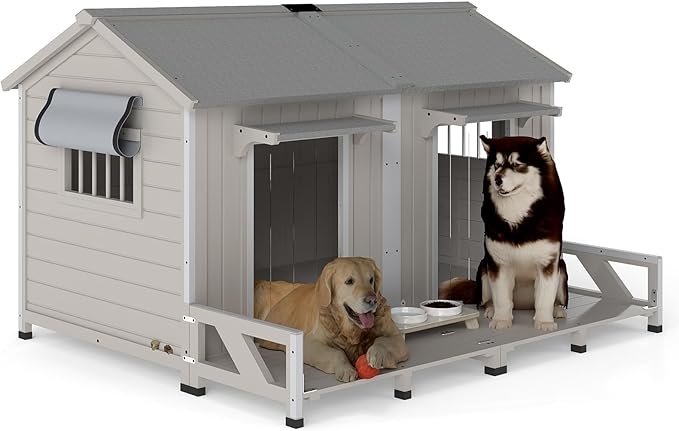 PetsCosset 59.4" L Large Dog House Outdoor & Indoor,Fir Wood Dog Kennel with Weatherproof Openable Asphalt Roof,Spacious Doghouse with Anti-Chewing Metal Edges for Small & Medium & Large Dogs,Grey