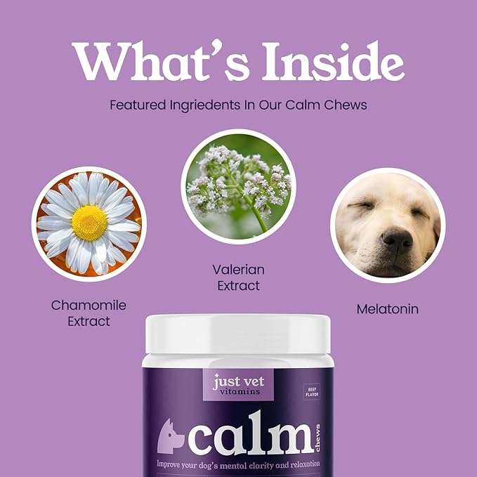 Calm Chews for Dogs with Chamomile, Valerian, Melatonin, Passionflower, Hemp Oil, and Magnesium – Supports Relaxation, Stress Relief, and Restful Sleep – 90 Soft Chews