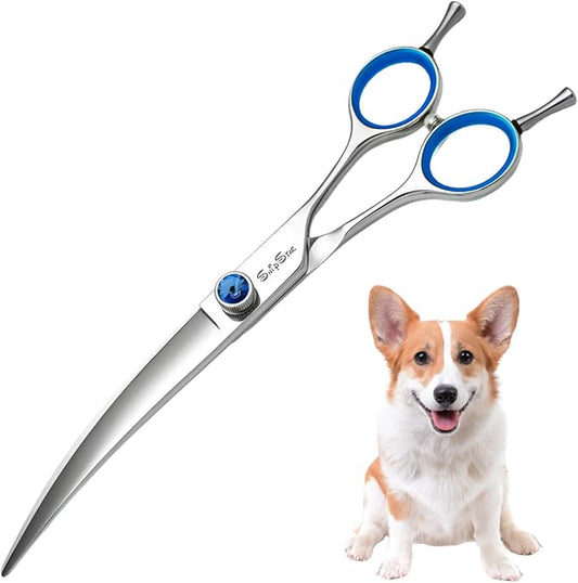 8inch Curved Dog Grooming Scissors Professional, Japanese VG10 Steel Sharp Pet Trimming Shears, with CNC Screw & Ergonomic Handle, 30 Degree Bend Cat Dog Scissors for Grooming Face and Paws Groomers