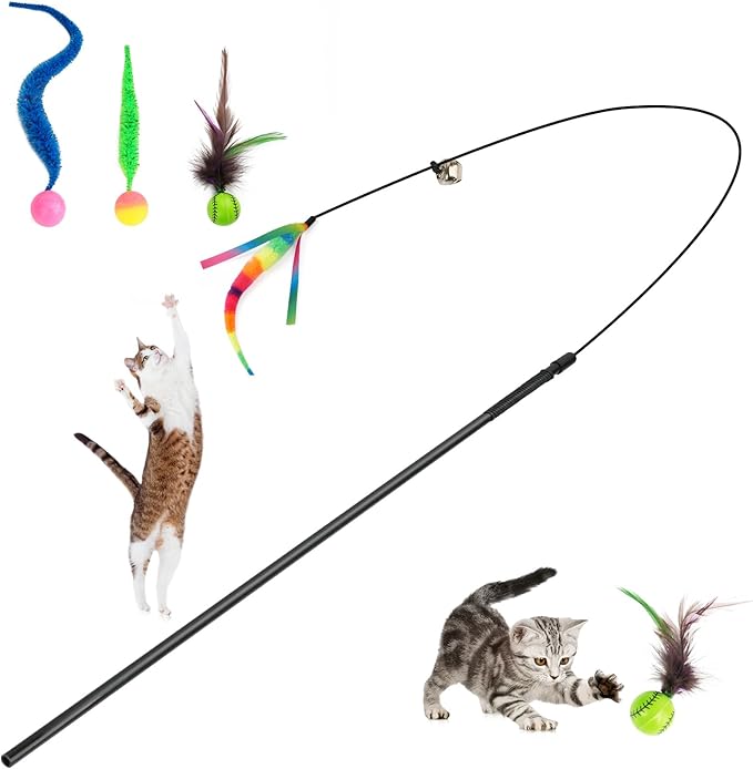 SHENGSEN Feather Wand Cat Toy，Bouncy Ball with Tail Cat Toys，Magic Worm with Large Colorful Ball Toy for Cats，Cat Feather Toys for Indoor Cats,Colorful Fuzzy Worm Bouncy Balls Cat Toy