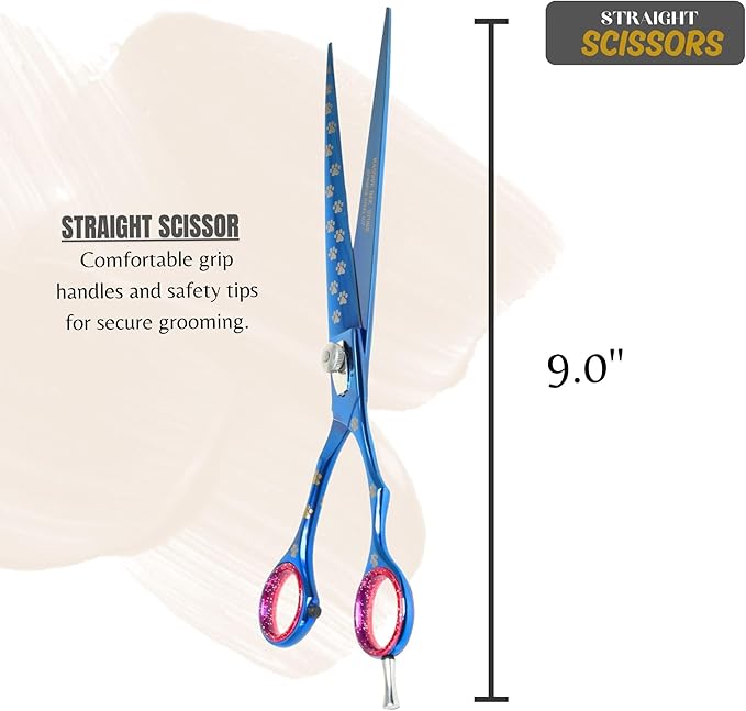 Pet Grooming Scissor Dog Blade scissor Pet Grooming Scissors Dog Hair Cutting Shears with Bag for Professional Right Hand Pet Groomer (Blue Straight, 9.0")