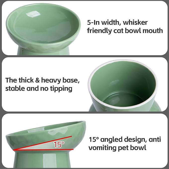 YauYik Raised Cat Bowl, Elevated Cat Food Bowls with Tilted Angle, Stress Free, Anti Vomiting, Ceramic Water Bowl for Cats Small Dogs Feeding Dish, 8 Ounces (Green-2)