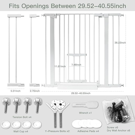 37 Inch Tall Baby Gate with Cat Door, Adjustable 29.55" and -40.55" Wide Auto Close Dog Gate Pressure Mounted Safety Pet Gate for Stairs, Doorway, House