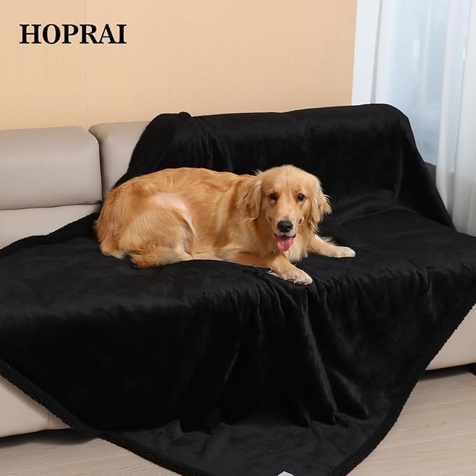 Waterproof Pet Blanket for Medium Large Dogs Washable Fluffy Thick Jacquard Shag Fleece Warm Sherpa Pet Blanket Cats Puppy Couch Protection (Black L57*65inches)