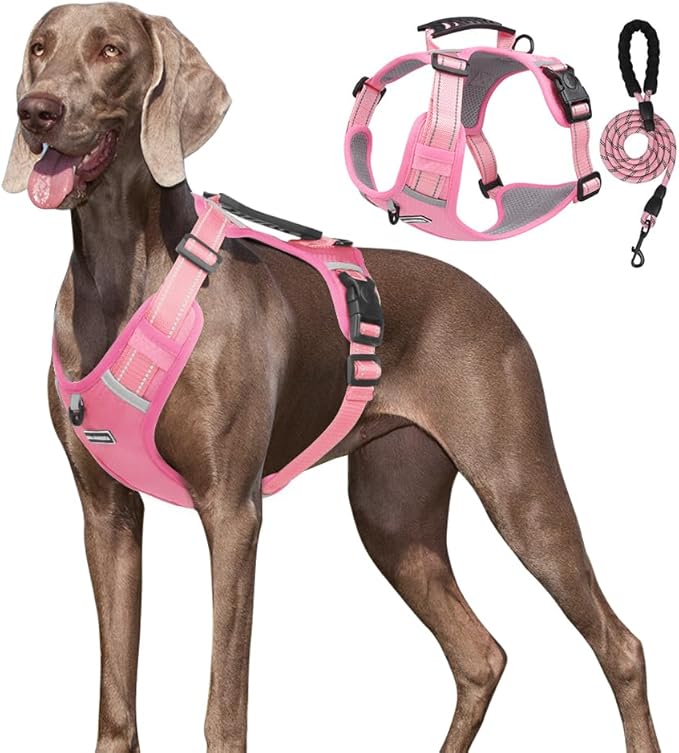 Dog Harness No Pull Adjustable Reflective,for Medium and Large Small Dog with Leash 59.06in (Pink, XL)