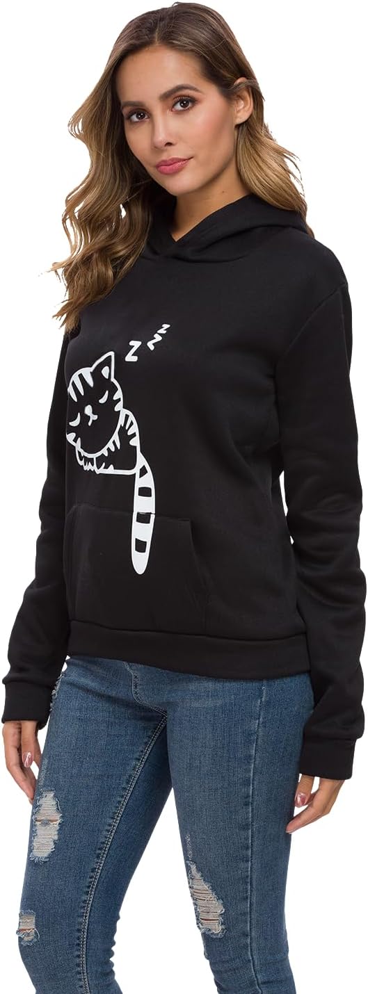 Women Teen Girls Hoodie Sweatshirt With Cute Cat Ear and Sleeping Cat Printed Pullover