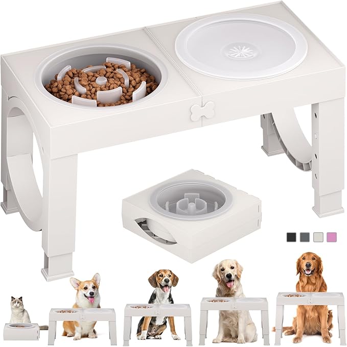 XIAZ Slow Feeder Dog Bowl Elevated Food and Water Bowl Stand for Large Medium Sized Dog, 4 Heights Adjustable, Non-Slip, Durable, Prevents Bloating & Improves Digestion for Dogs